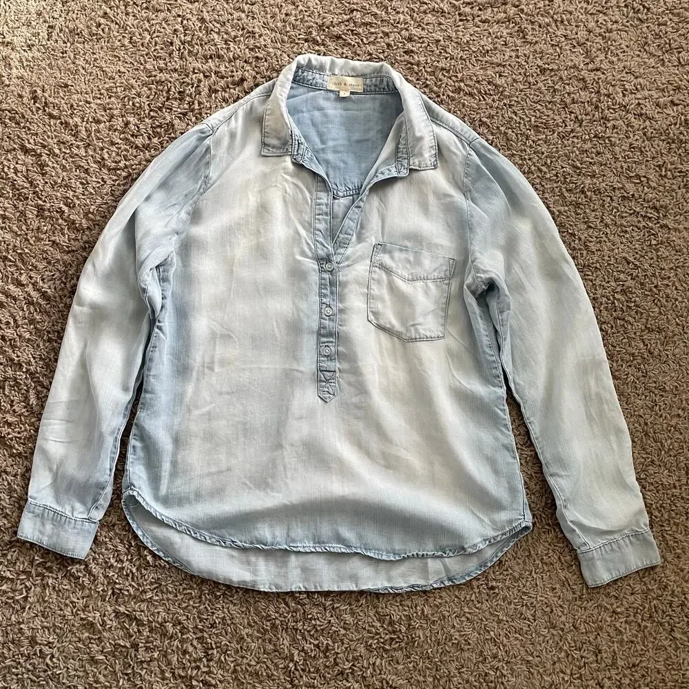 Cloth & Stone Light Chambray Half-Button-Up Roll Tab High-Low Collar Shirt sz L - Picture 7 of 9